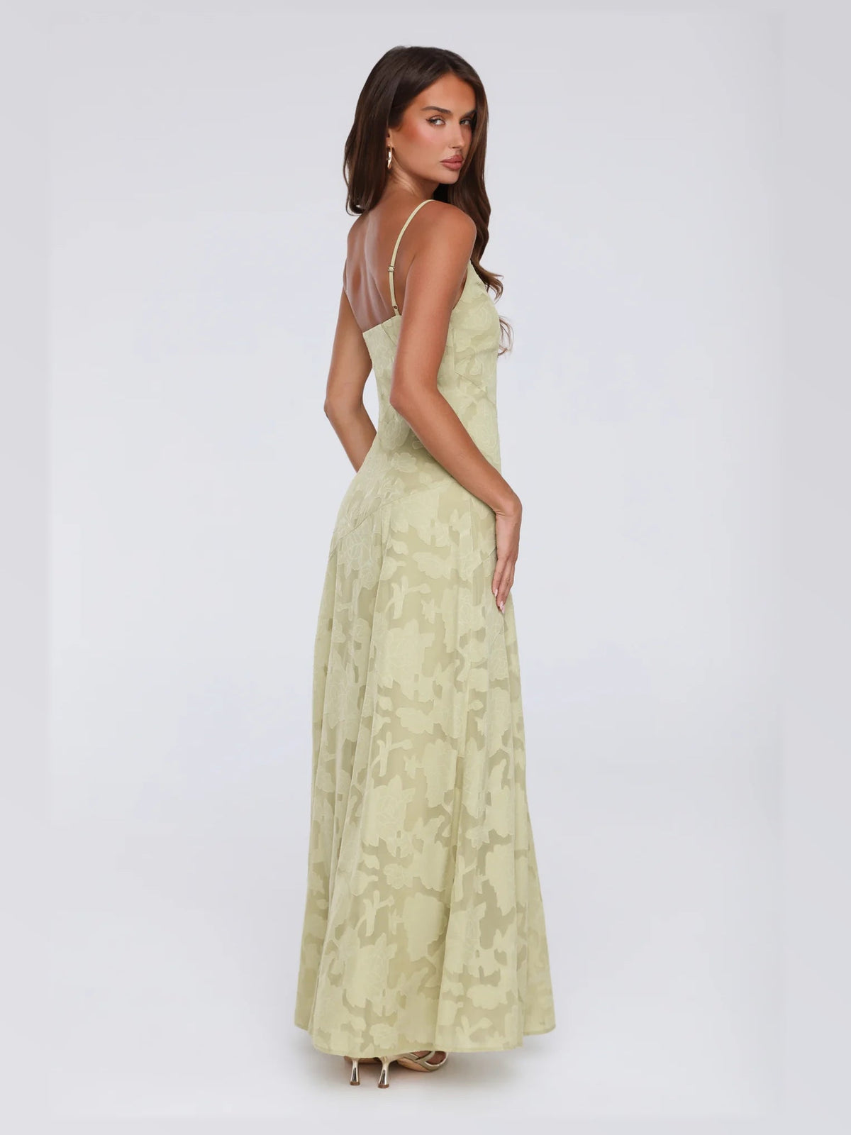 Sage maxi formal dress, alternate full-length view showing the overall shape