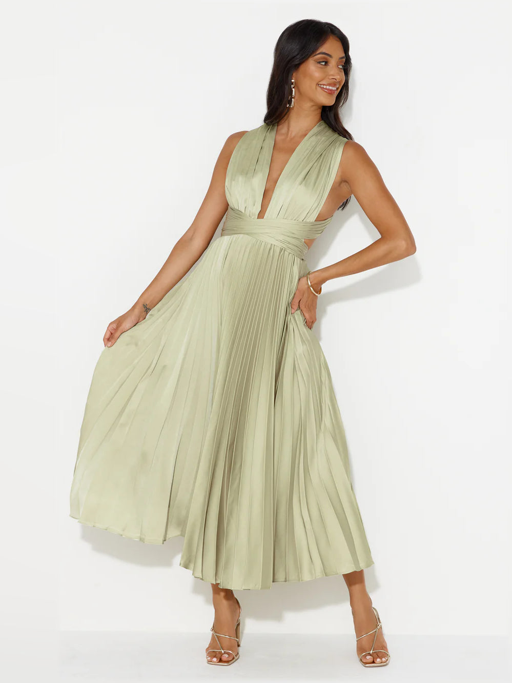 Champagne midi formal dress with V-neck and gathered pleats, sleeveless