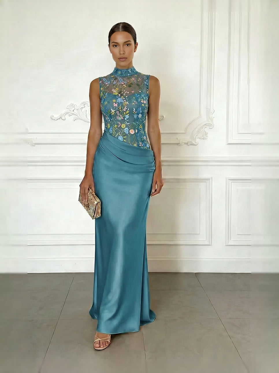 Jungle green satin mermaid mother-of-the-bride dress with high neck floral embroidery