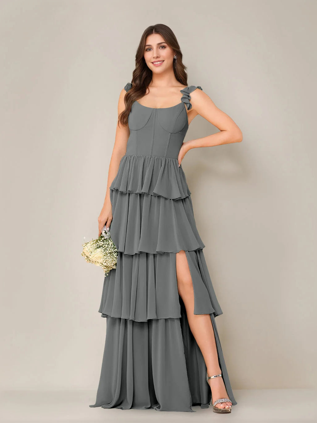 Grey tiered ruffled sleeveless maxi dress with tiered skirt and side slit