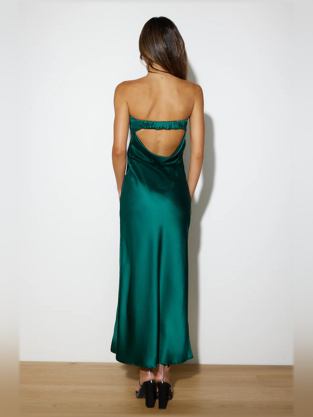 Forest green satin midi dress, open back with ruched center detail