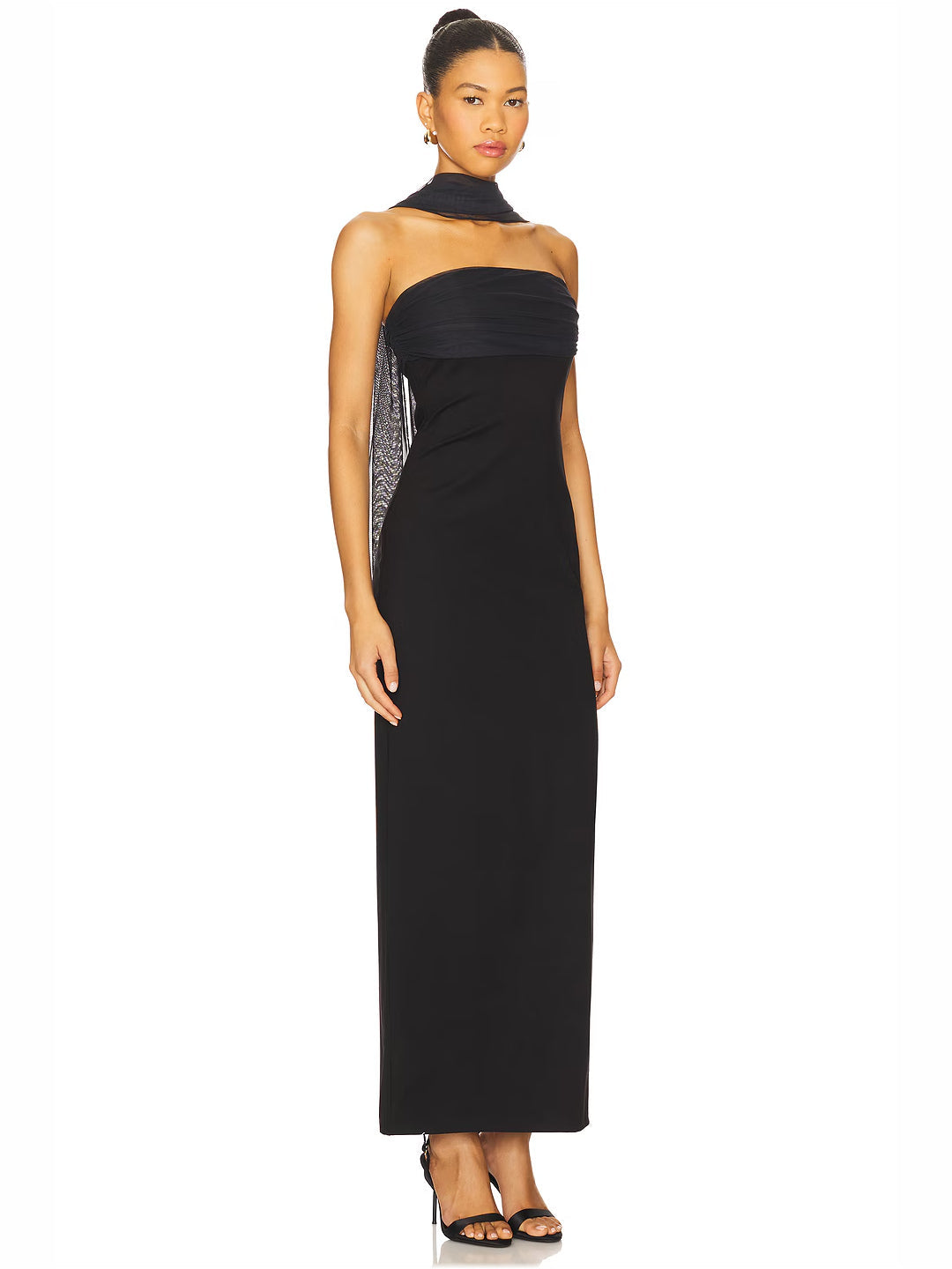 Bright Red sheath maxi formal dress with strapless neckline, alternate full-length view showing the hem
