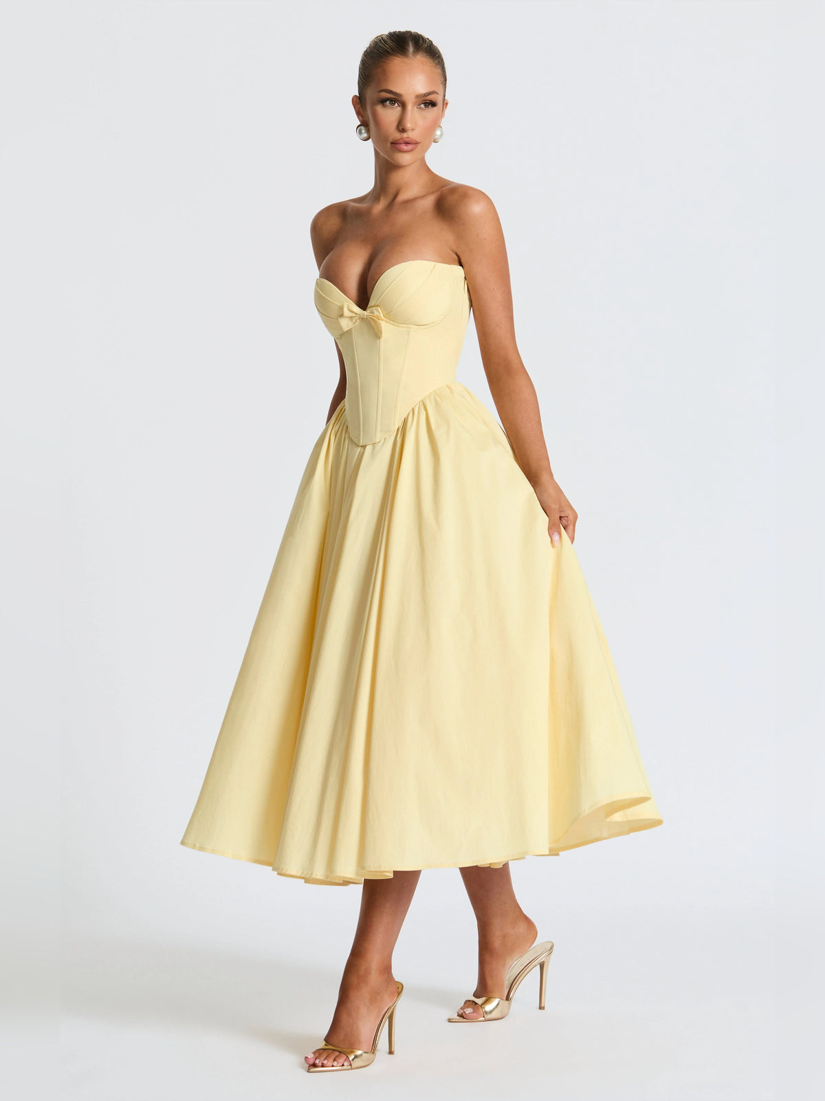 Lemon yellow strapless midi formal dress with sweetheart bodice and full pleated skirt