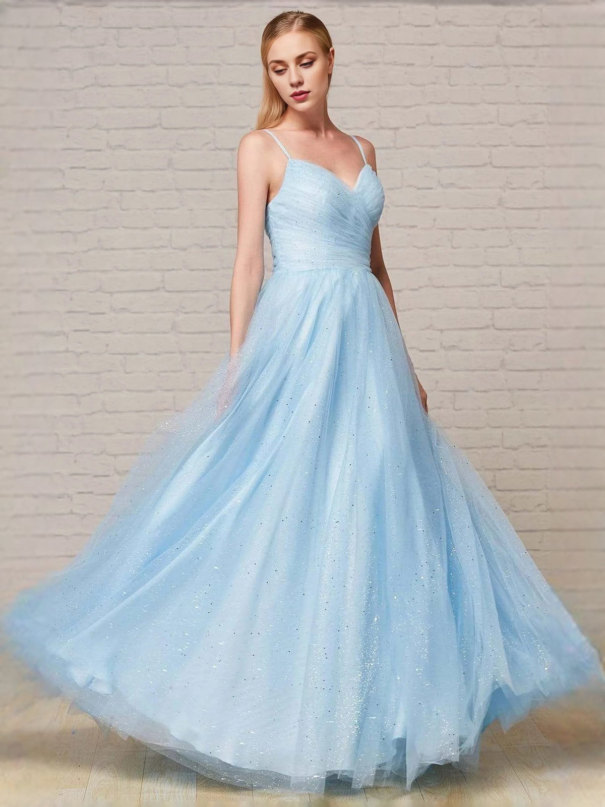 Light blue glitter prom dress with sweetheart neckline, ruched bodice, A-line tulle skirt