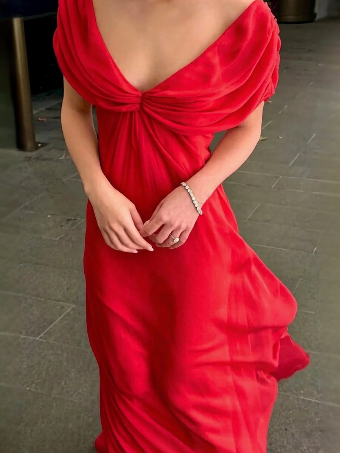 Red chiffon bridesmaid dress with ruched draped V-neck, sleeveless A-line, floor length