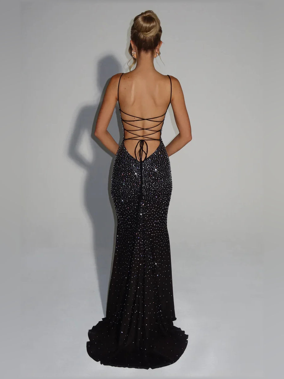 Black sequin mermaid formal dress with lace-up crisscross back and spaghetti straps