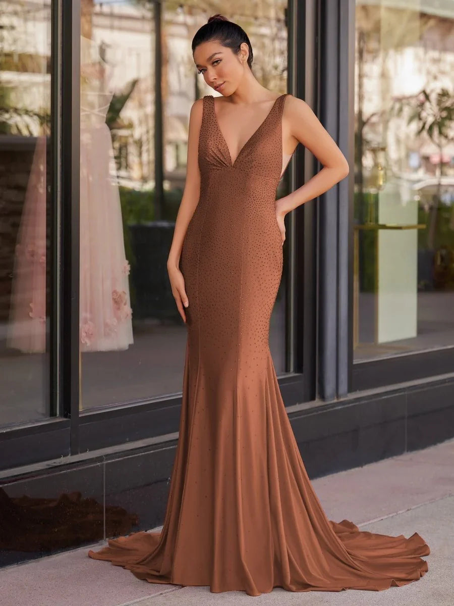Brown beaded V-neck mermaid maxi prom dress, sleeveless with flowing trumpet hem