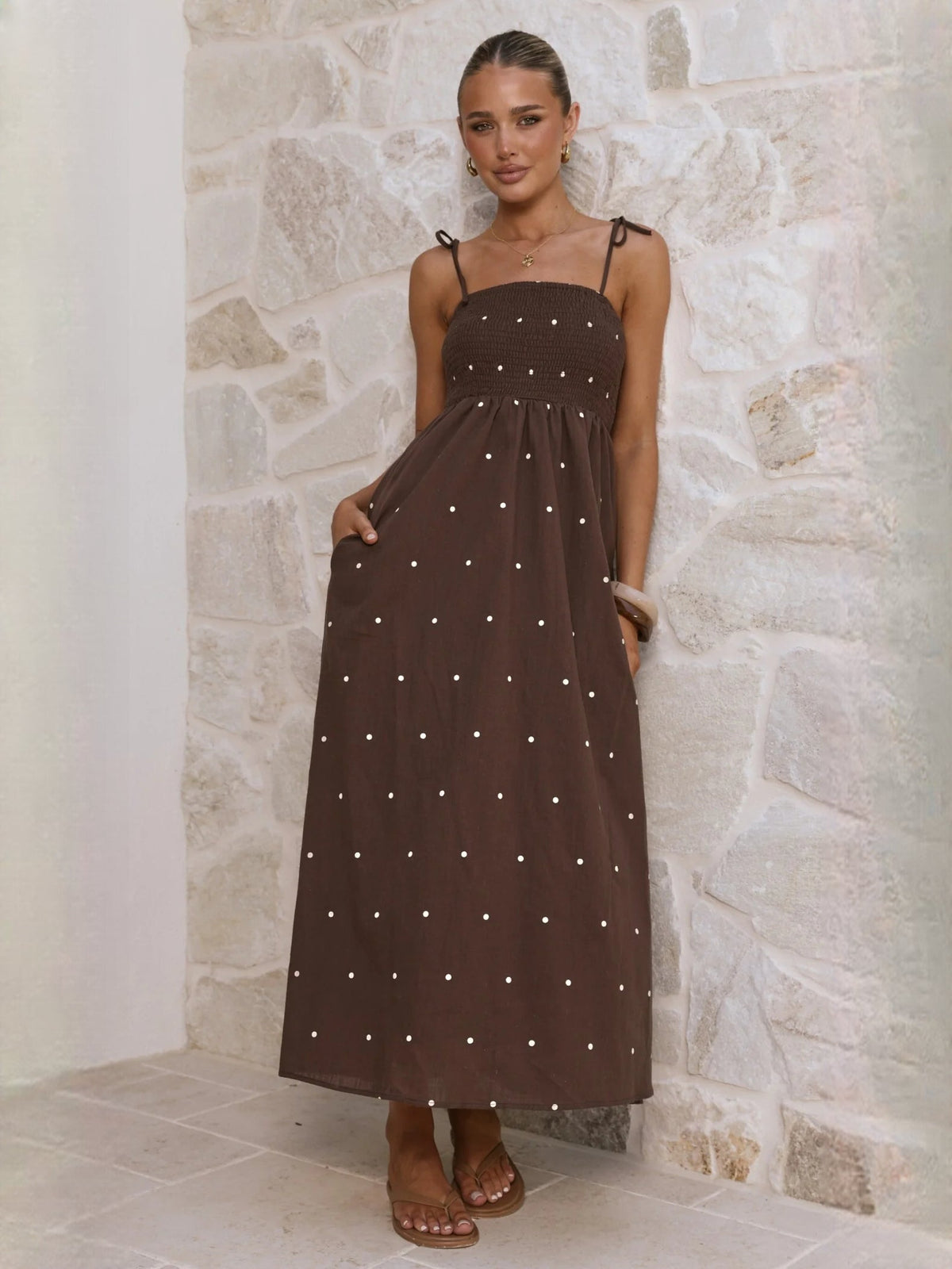 Chocolate a-line maxi formal dress with printed pattern, alternate full-length view showing the hem