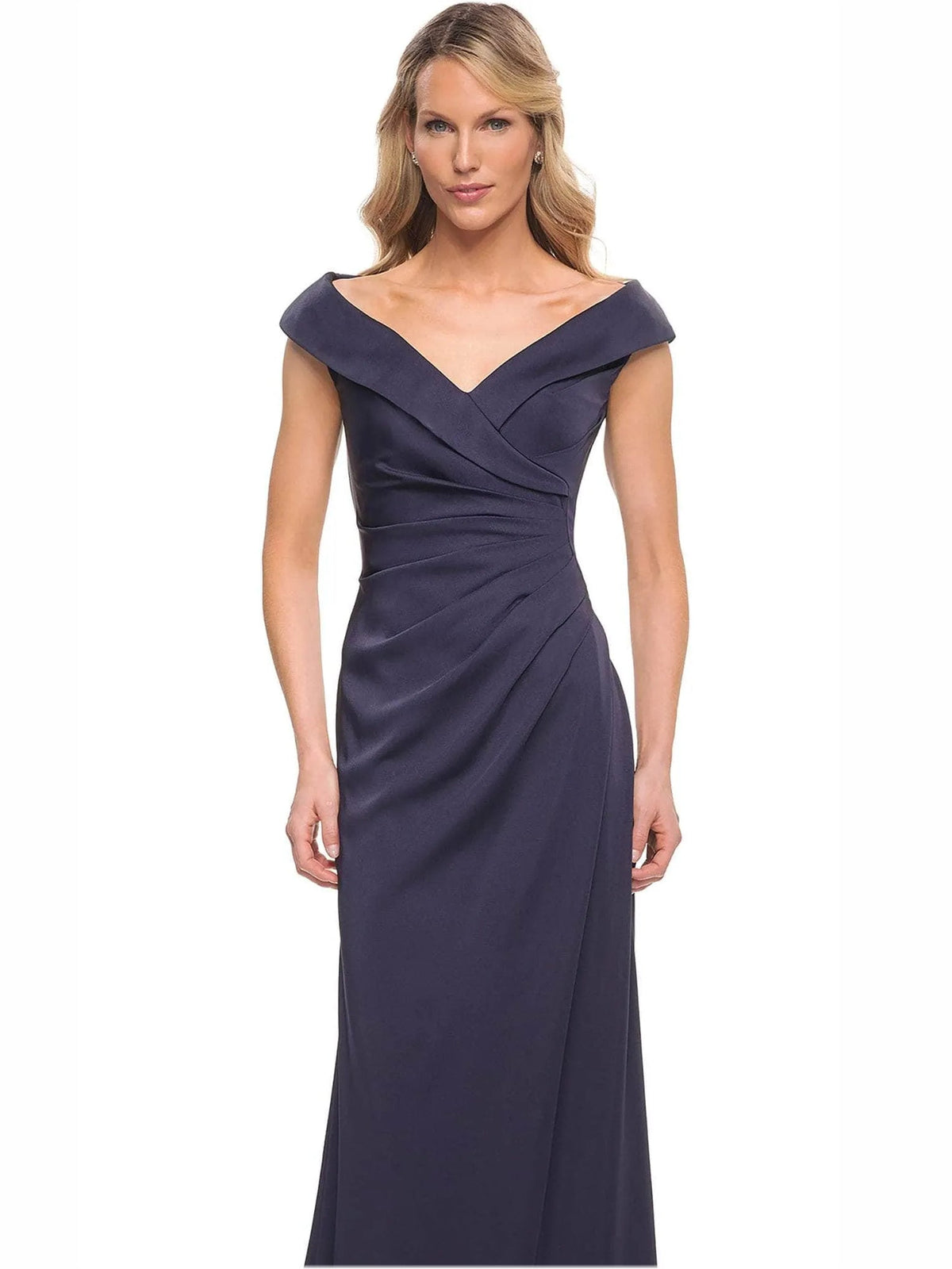 Navy off-shoulder sheath formal dress with ruched wrap bodice and cap sleeves