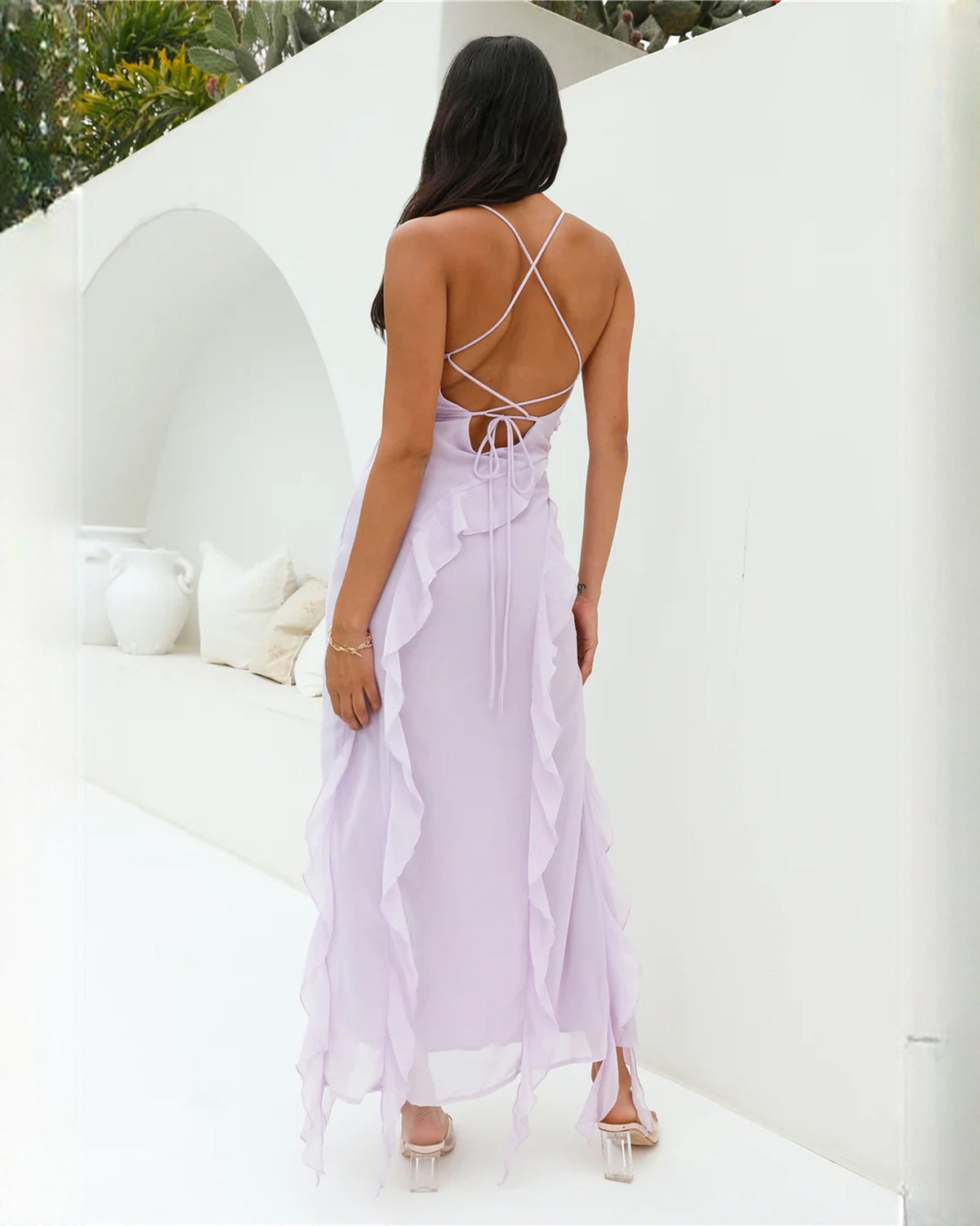 Lilac chiffon maxi dress with crisscross lace-up spaghetti back and ruffled A-line skirt