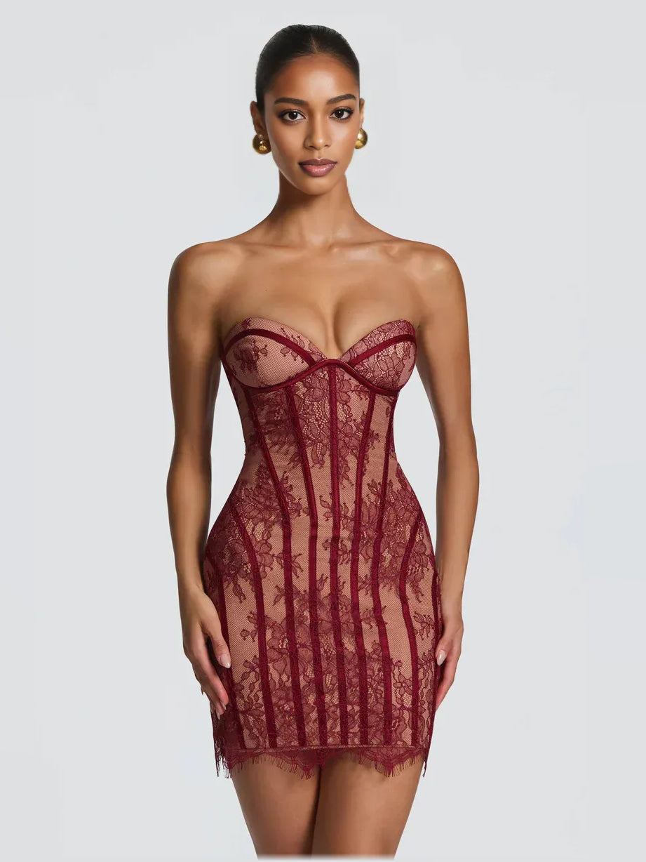 Burgundy lace sweetheart corset mini dress with boned bodice and lace fringe hem