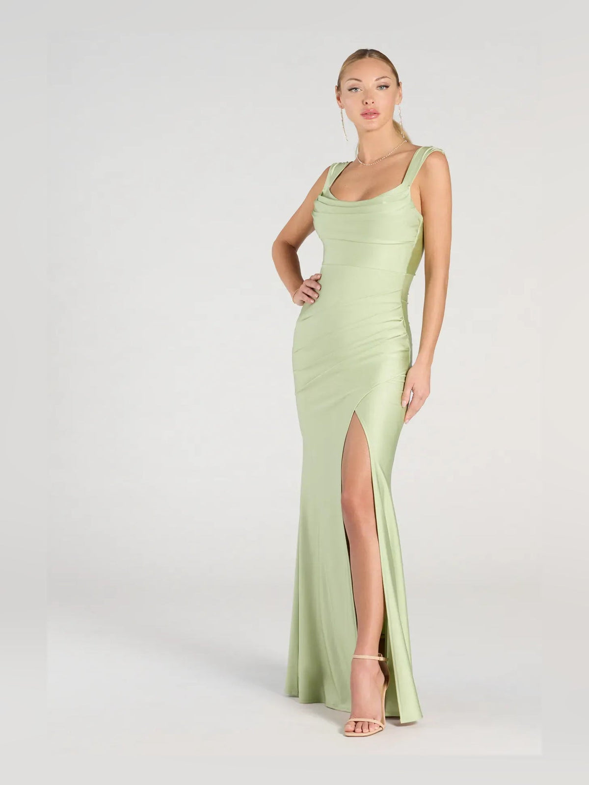 Sage green cowl-neck ruching slit formal dress with front leg slit, floor-length