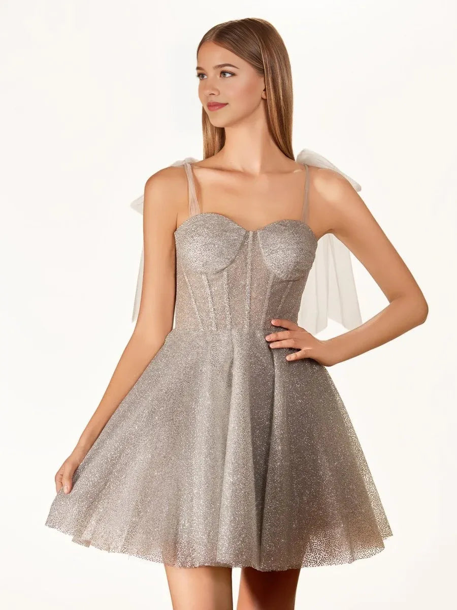 Silver glitter sweetheart A-line mini tulle dress with corset bodice and draped tulle straps