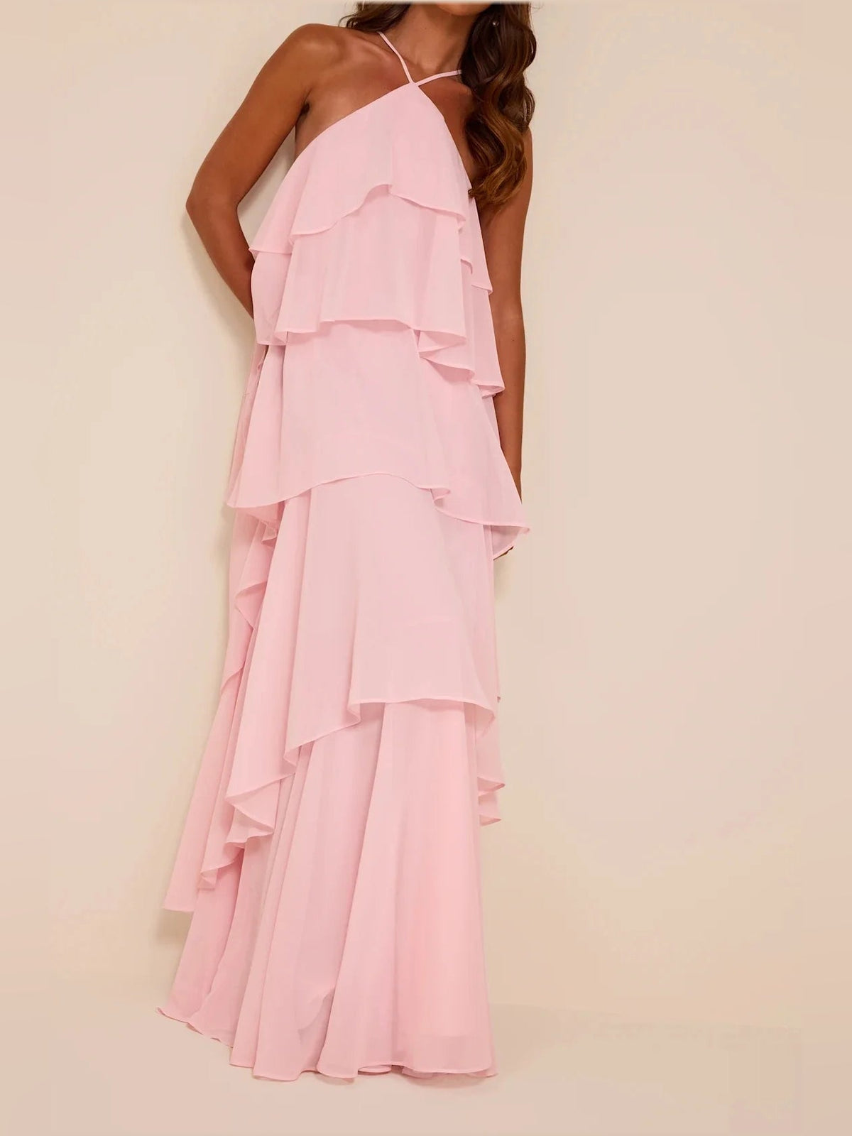 Light pink tiered ruffle V-neck A-line maxi chiffon dress with thin spaghetti straps