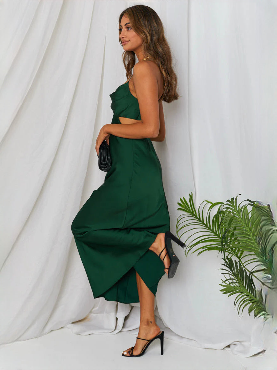 Green sheath maxi formal dress with cutout detail, alternate full-length view showing the hem