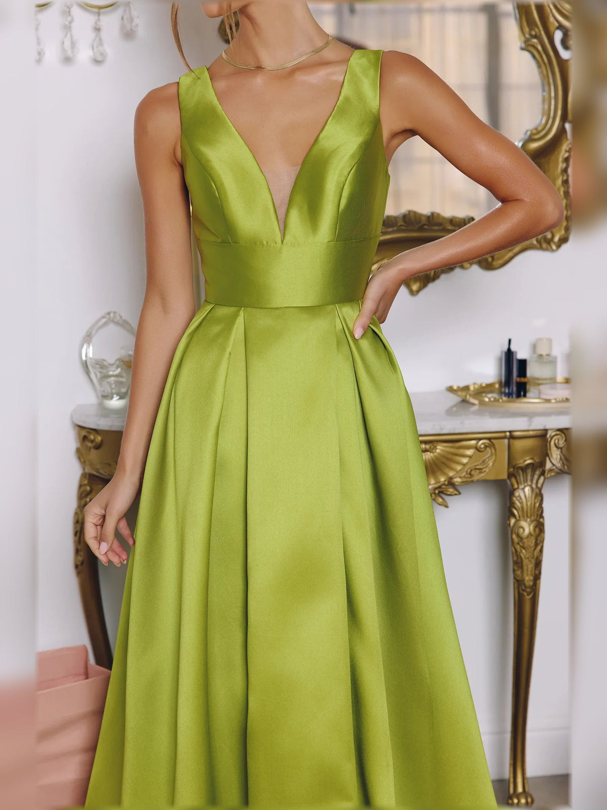 Chartreuse green V-neck satin A-line floor-length formal dress, sleeveless