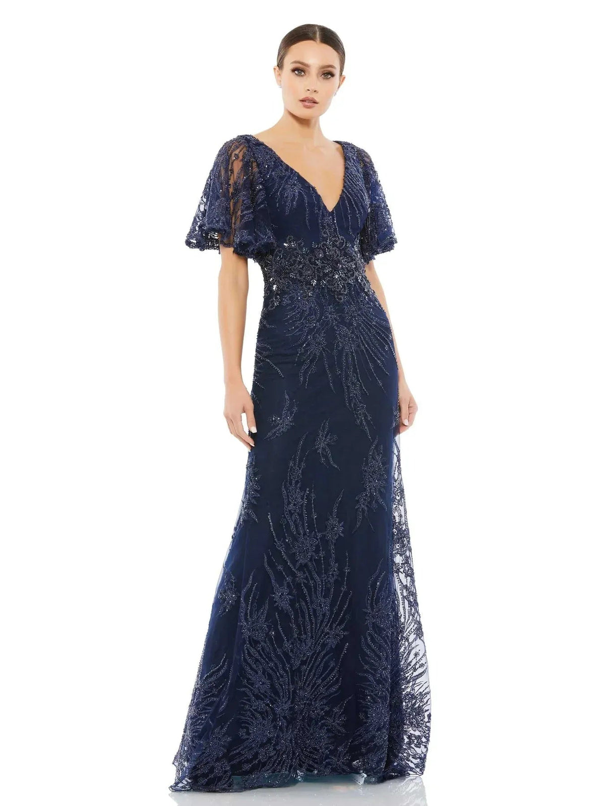 Navy V-neck beaded lace tulle mermaid formal dress with short flutter sleeves and fitted hem
