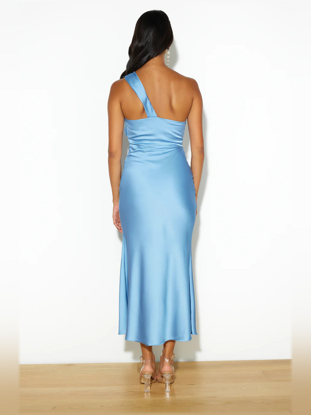 Blue satin midi dress with halter neckline and open-back detail