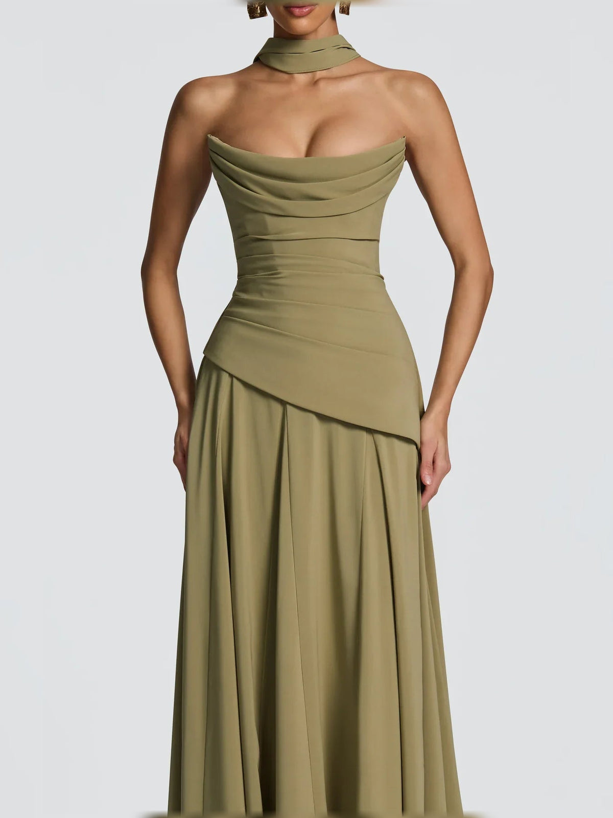 Dusty sage strapless corset formal dress with draped bodice and pleated skirt