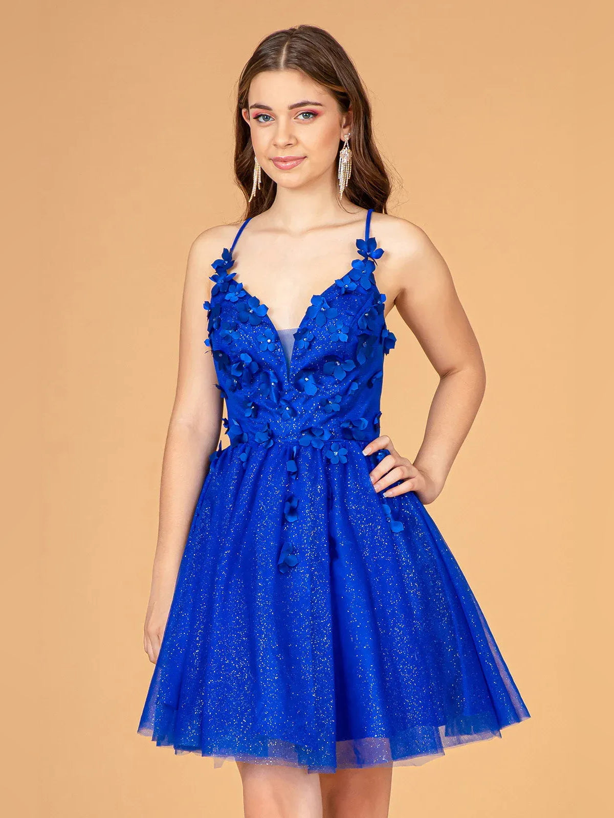 Cobalt blue floral applique V-neck A-line mini tulle dress