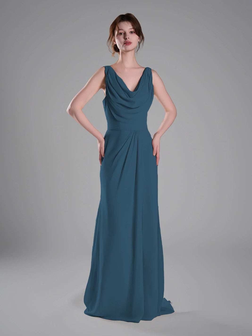 Teal cowl-neck sleeveless sheath maxi dress with draped bodice and flowing skirt