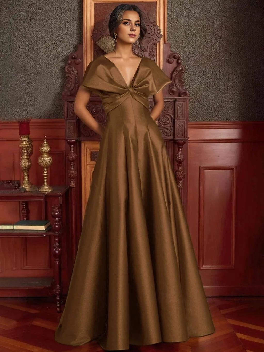 Bronze satin V-neck A-line prom dress with waist bow and full skirt