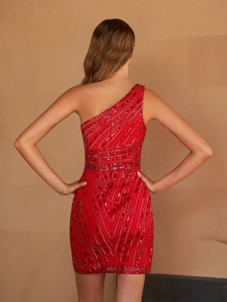 Red one-shoulder sequin mini bodycon dress, ruched sparkle back view