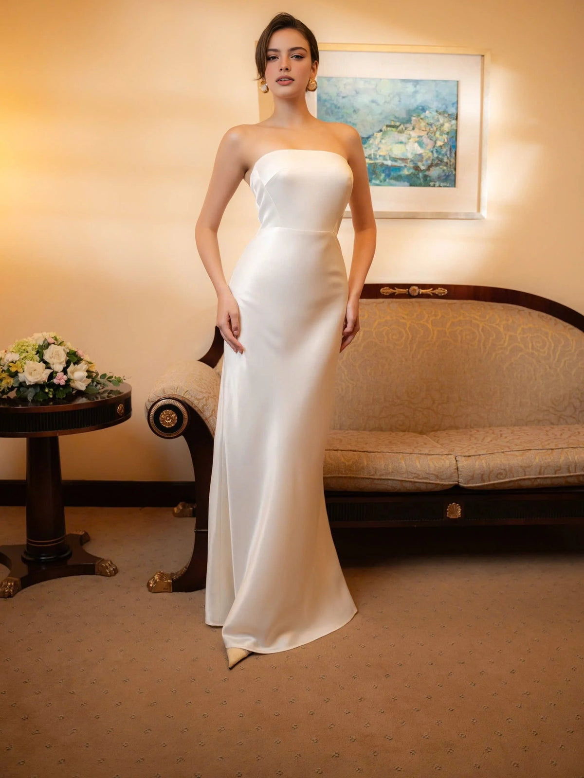 Ivory white strapless satin mermaid prom dress with sleek fitted full-length skirt