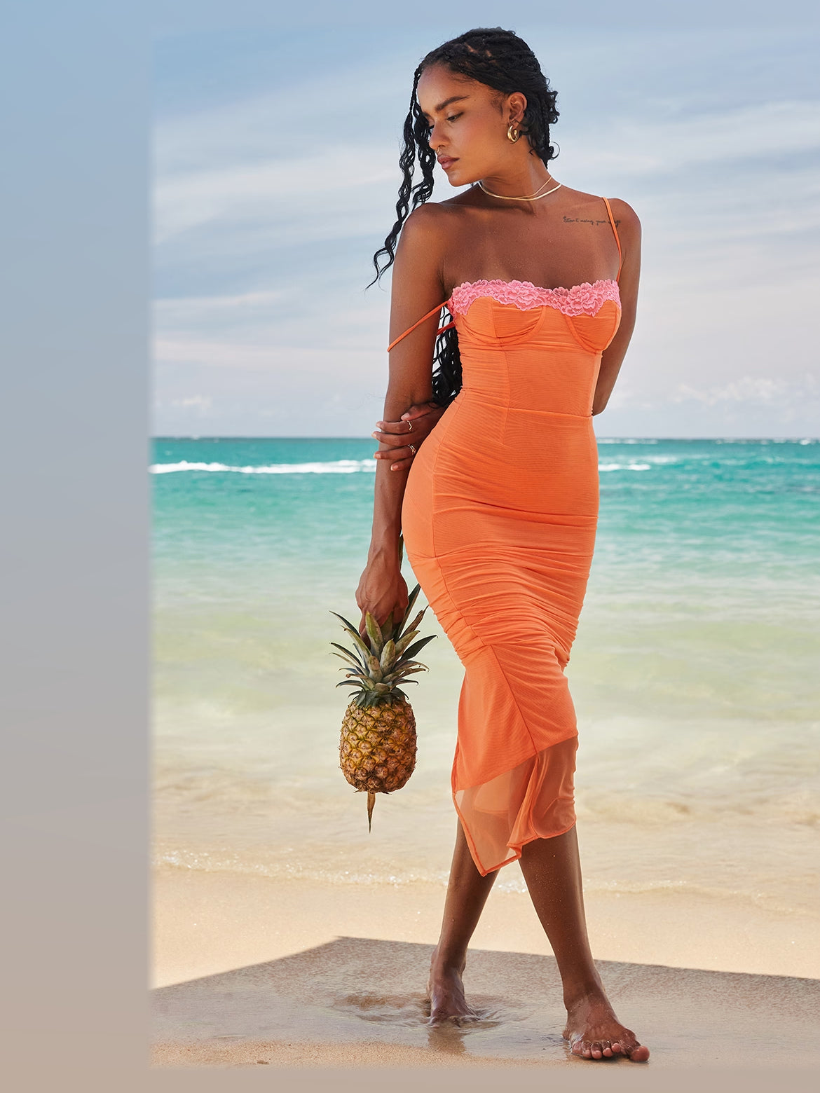Orange midi formal dress, alternate full-length view showing the overall shape