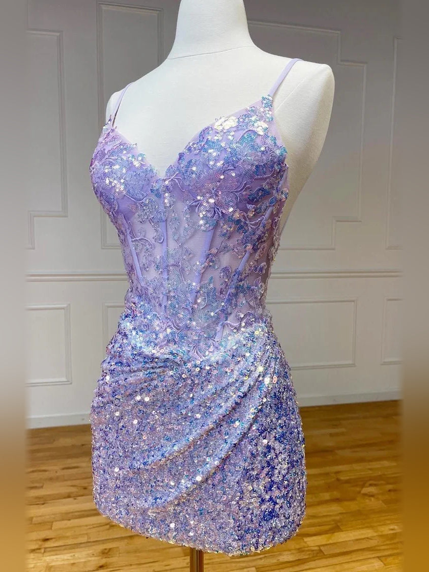 Lilac sequined V-neck corset mini dress on mannequin with spaghetti straps