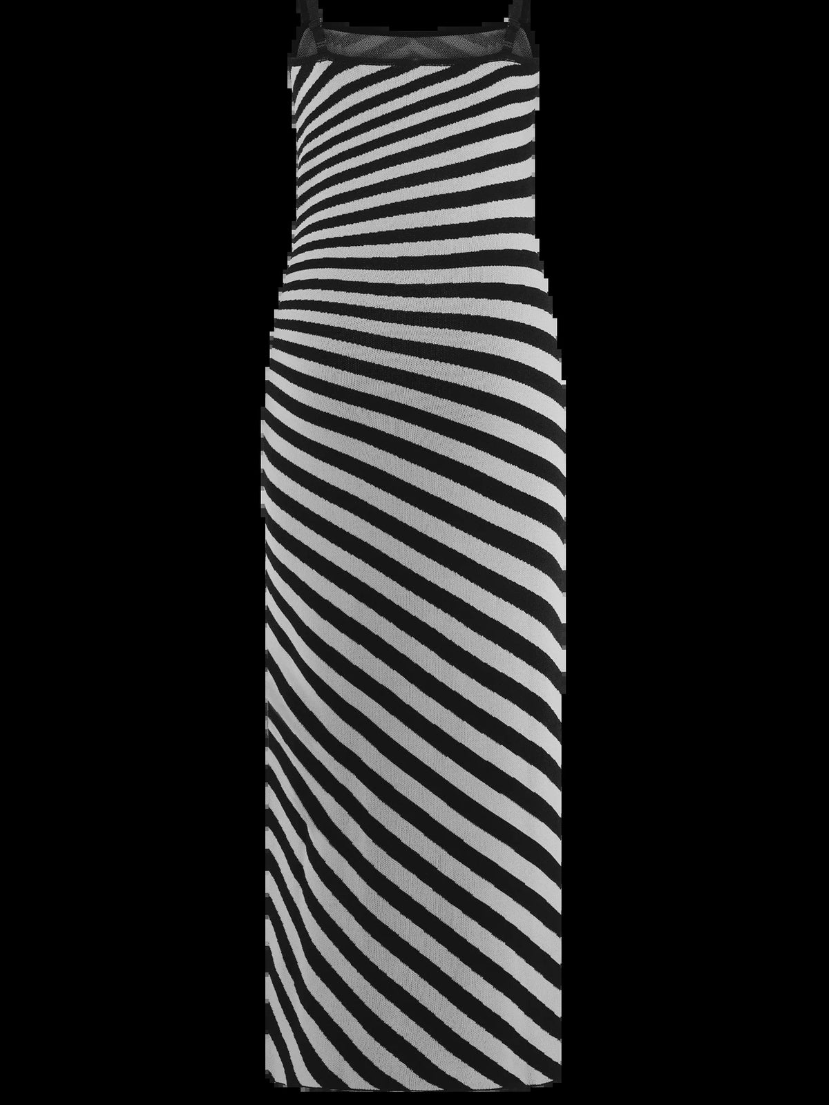 Black-and-white striped knit midi dress on hanger, sleeveless bodycon silhouette