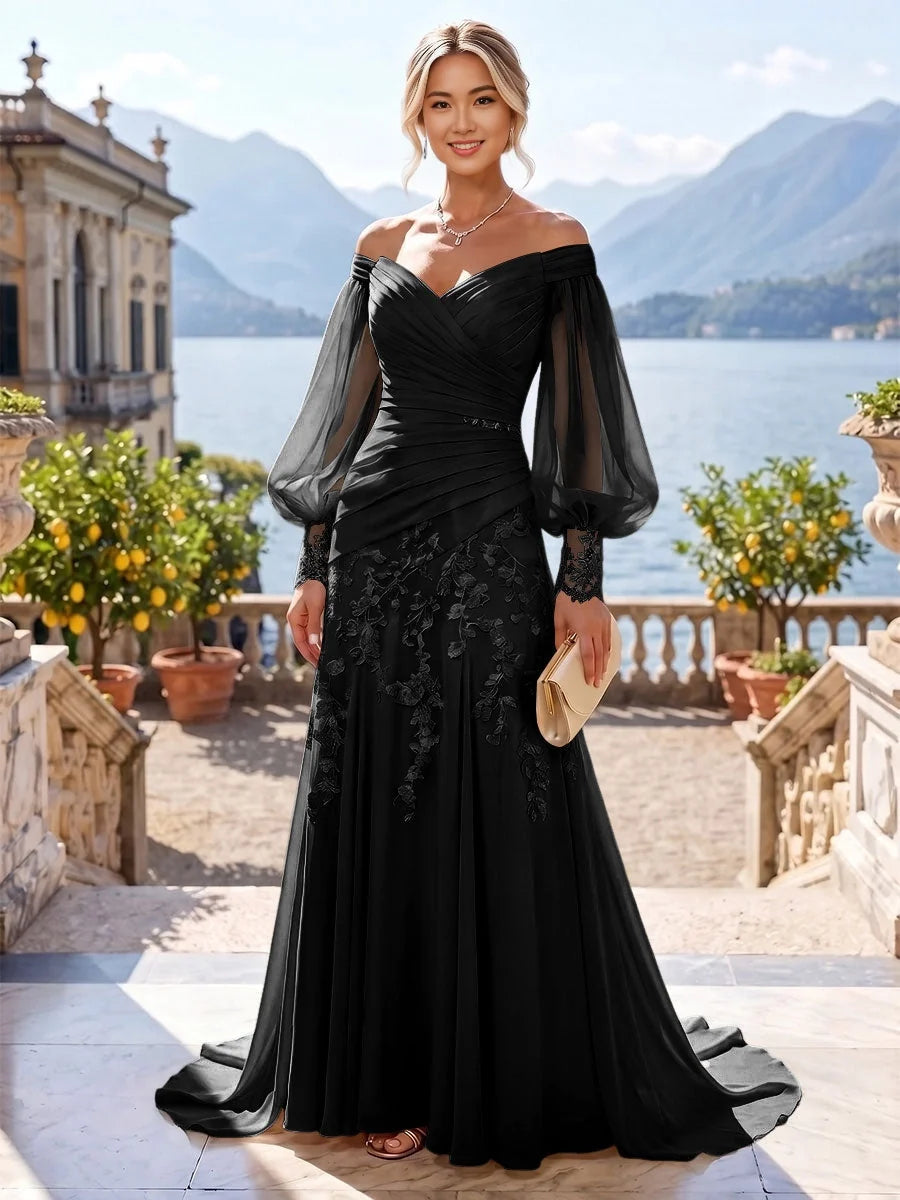 Black ruched off-shoulder mermaid dress with sheer sleeves and floral lace details