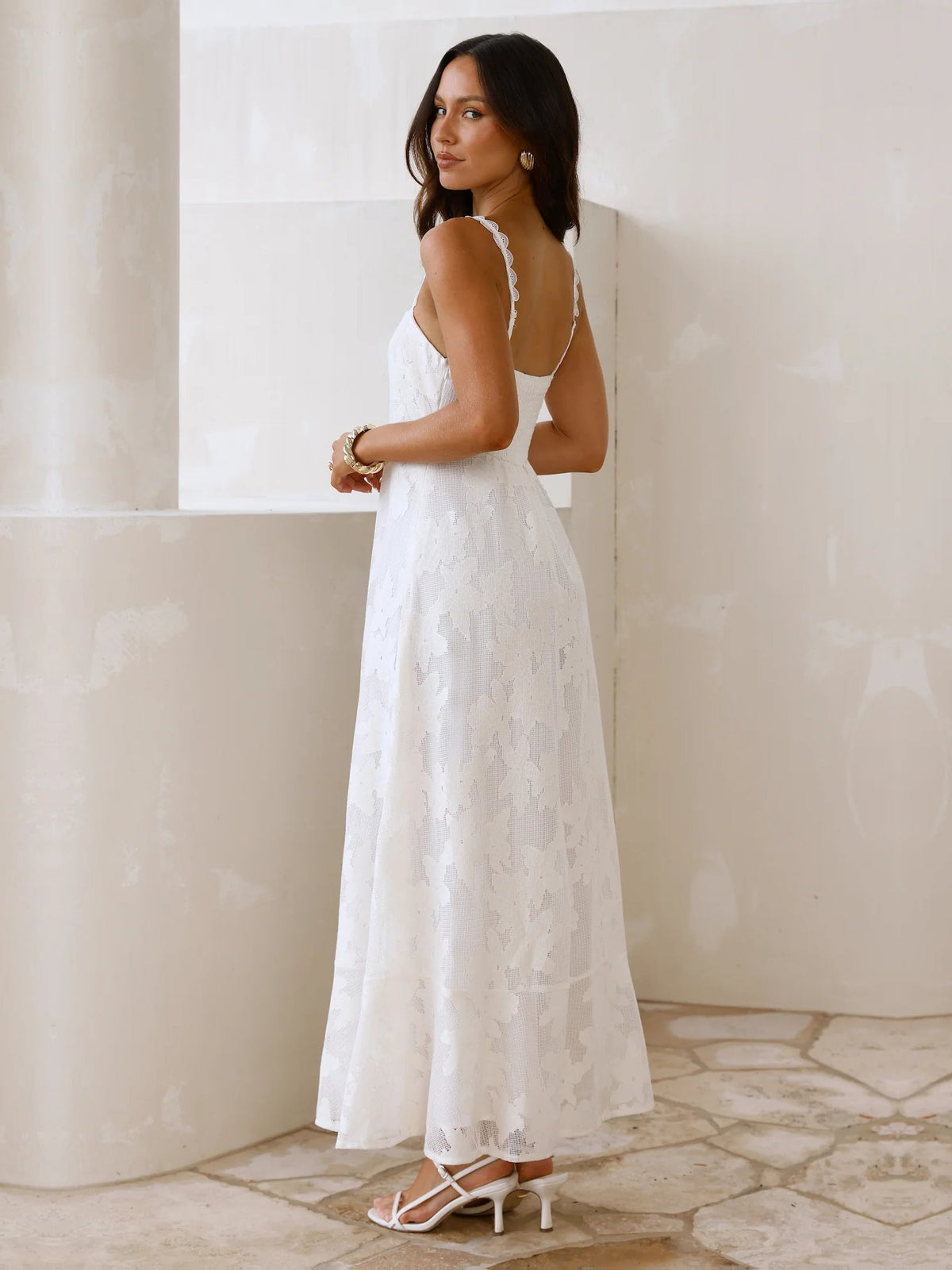 Cream a-line maxi formal dress with floral print, alternate view showing the hem