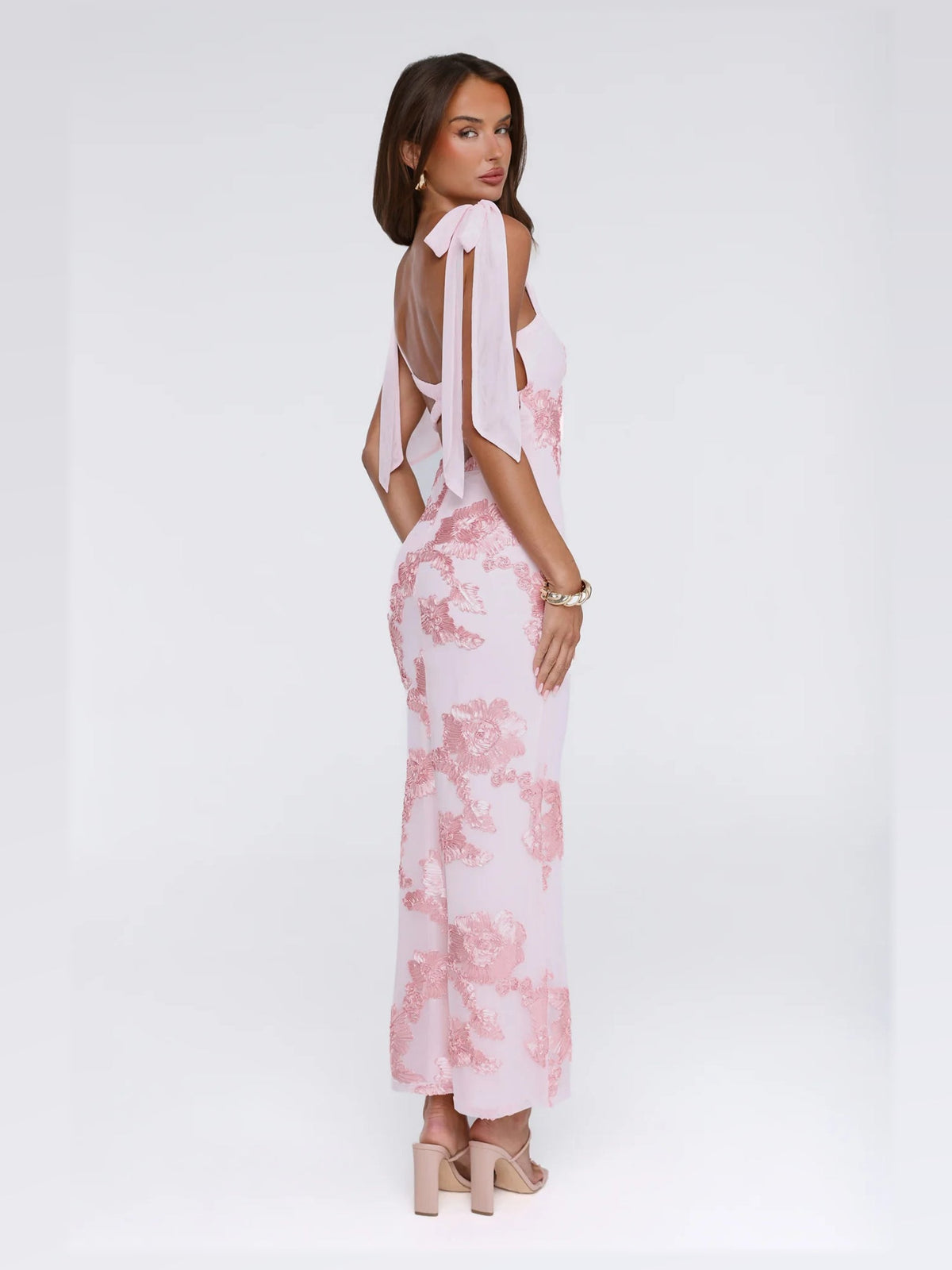 Pink maxi formal dress, alternate full-length view showing the overall shape