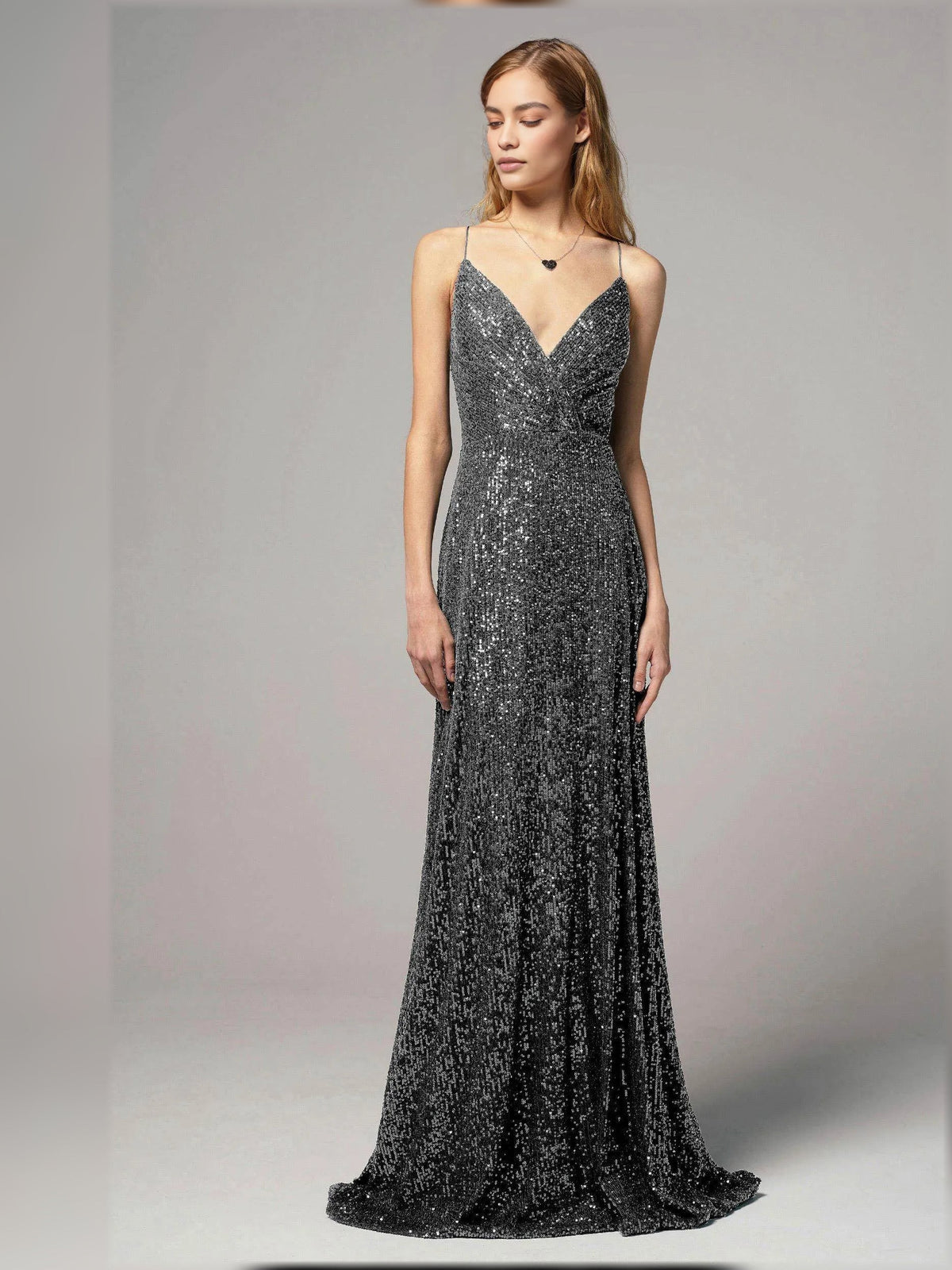 Steel grey sequin V-neck sheath formal dress with open back and floor length