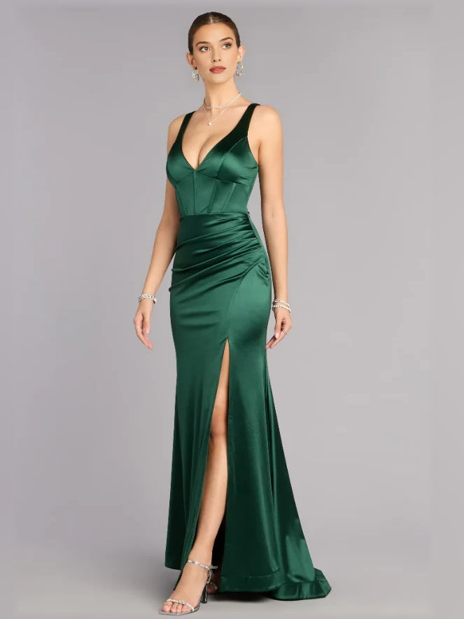 Emerald green V-neck satin formal dress with draped waist and side slit