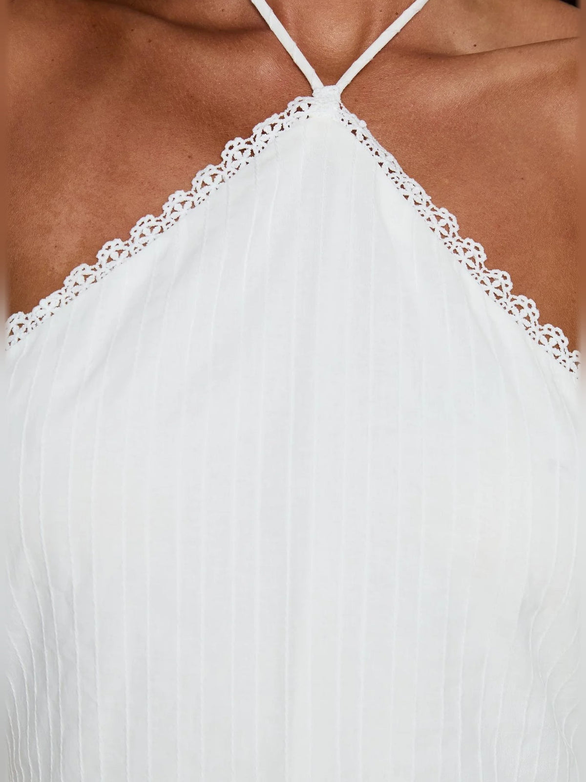 White halter bodice with scalloped lace trim and tie-back straps