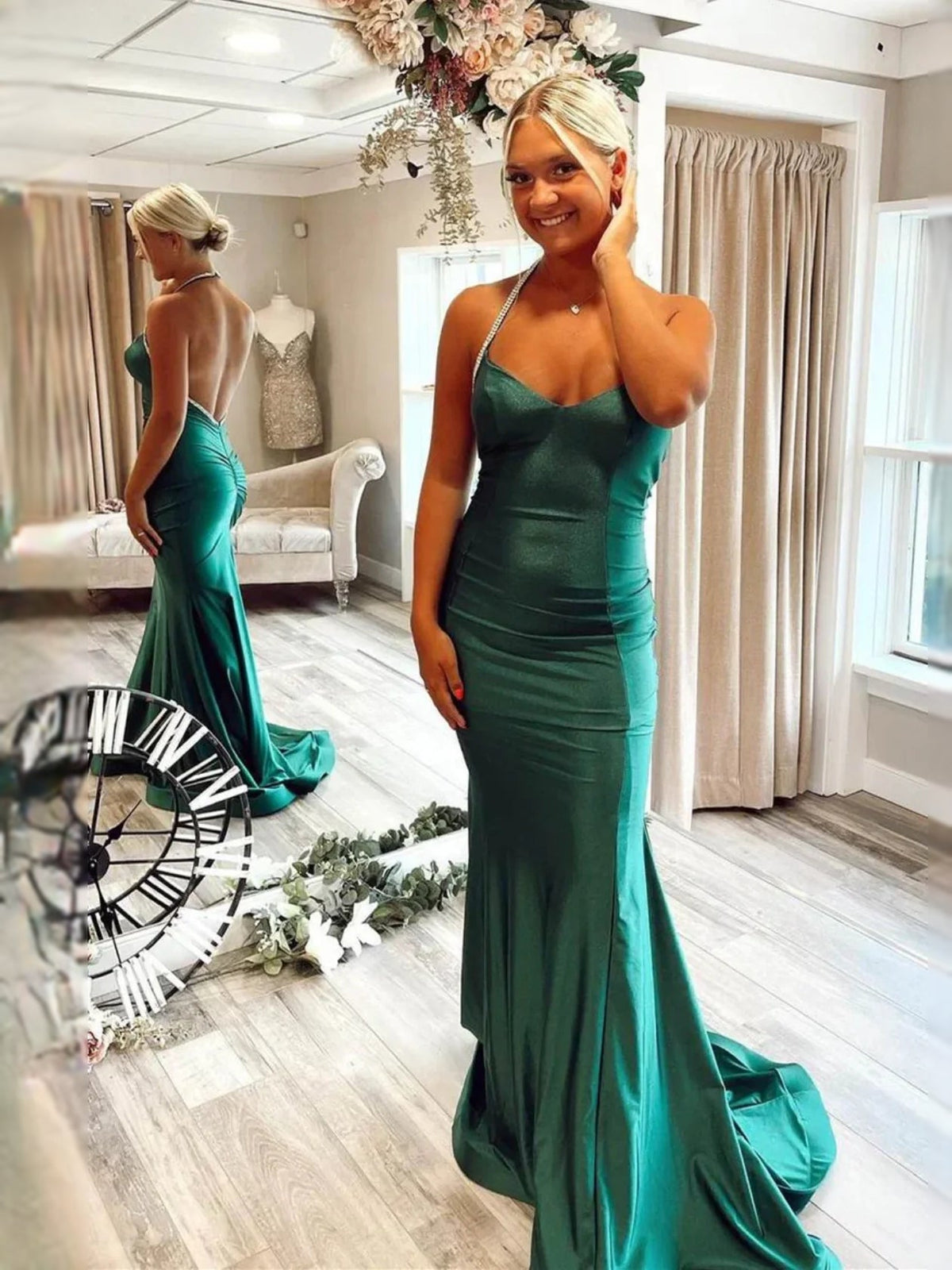 Dark green backless sweetheart mermaid satin prom dress with draped neckline