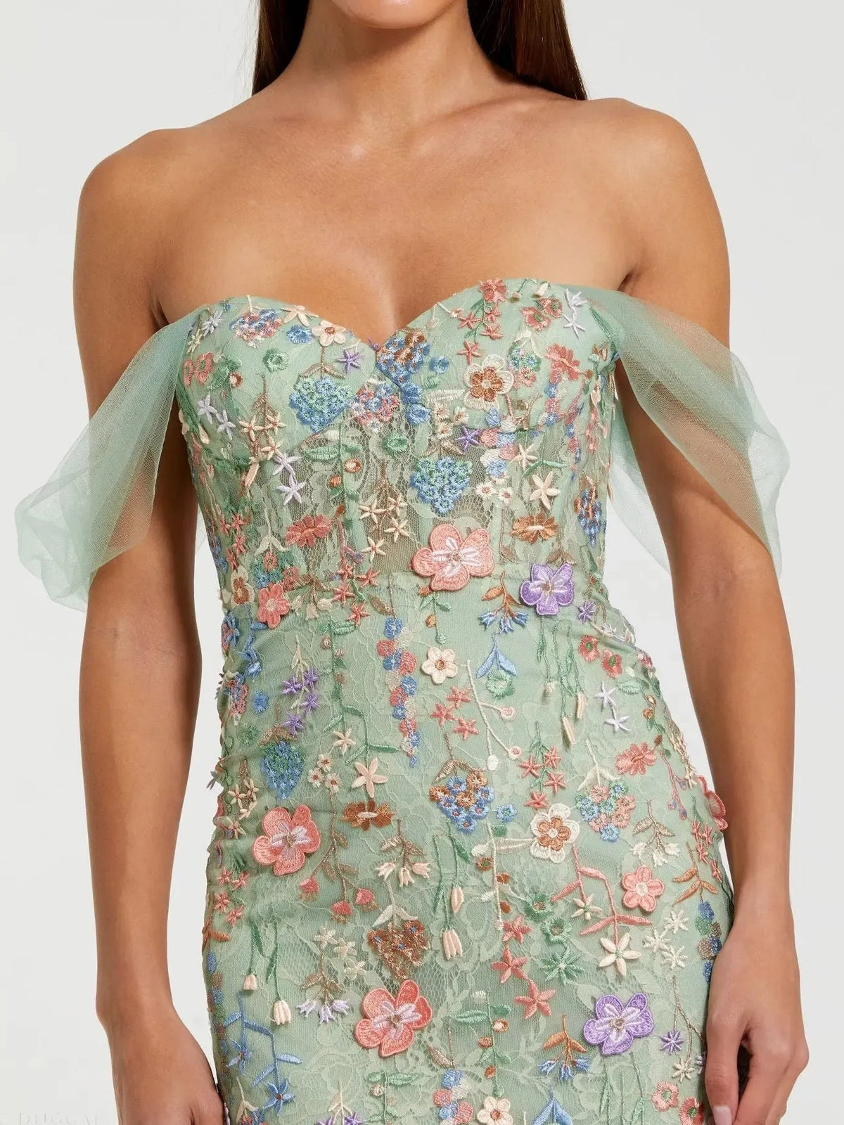 Floral off-shoulder corset-style bodice, light green with pink purple embroidered blooms