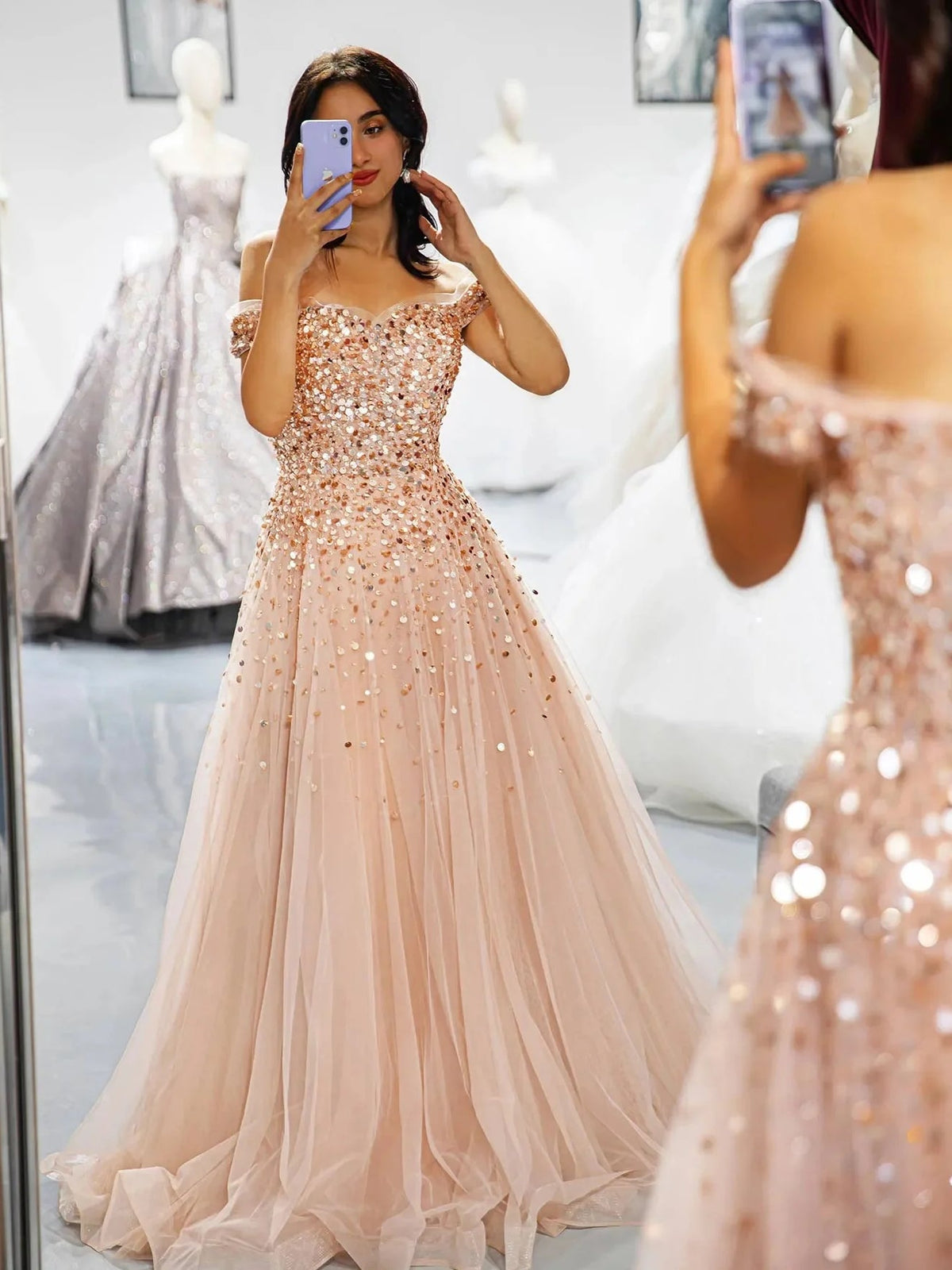 Champagne ruffled off-shoulder corset dress with sequined bodice and layered tulle skirt