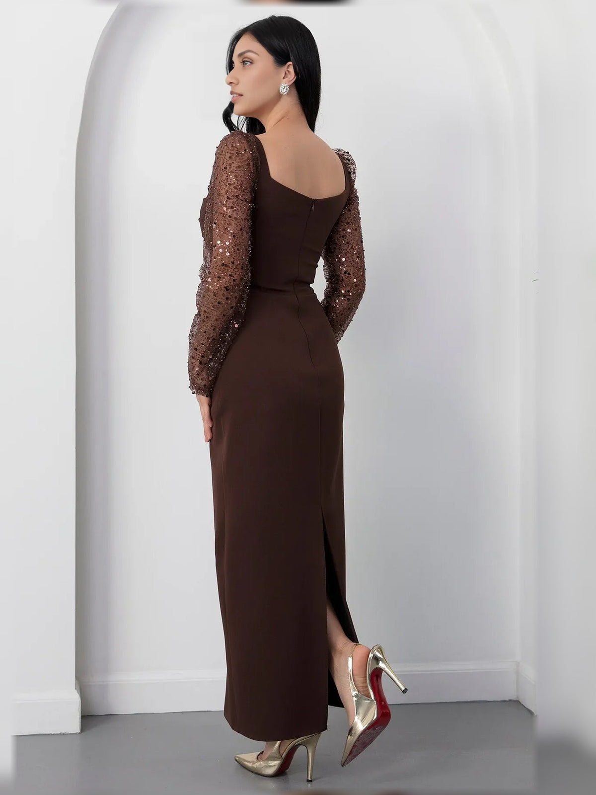 Espresso-brown square-neck formal dress with sheer sequin long sleeves and side slit