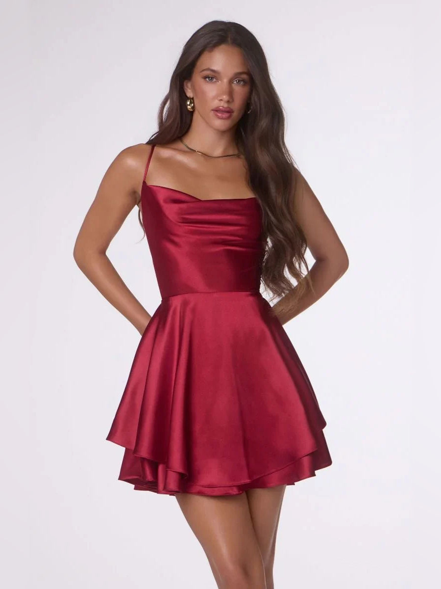 Burgundy satin mini homecoming dress with draped bodice and tiered flared skirt