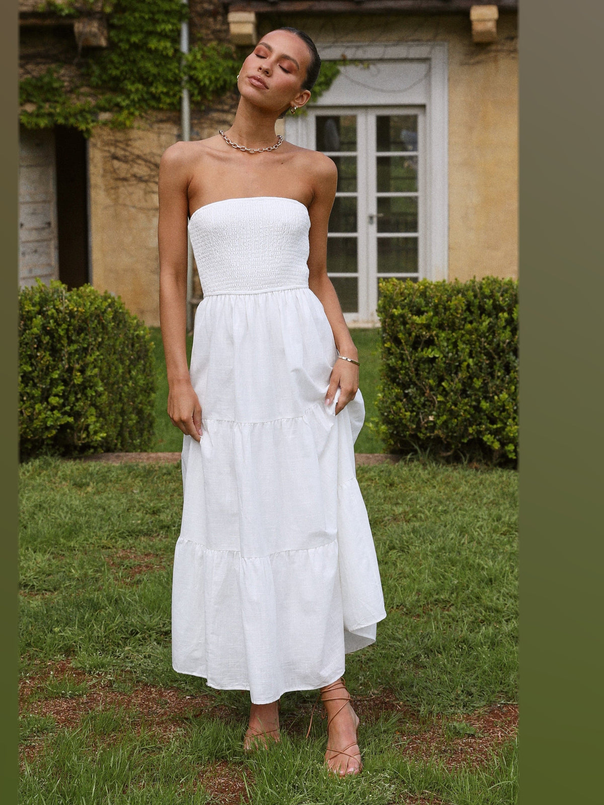White midi formal dress, alternate full-length view showing the overall shape