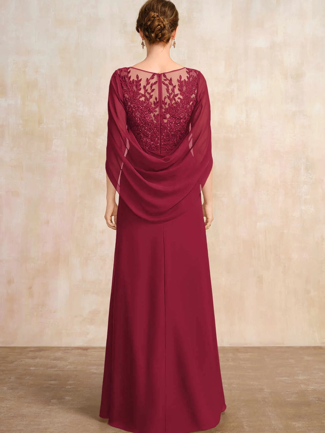 Burgundy chiffon A-line dress with illusion lace back and draped cape sleeves