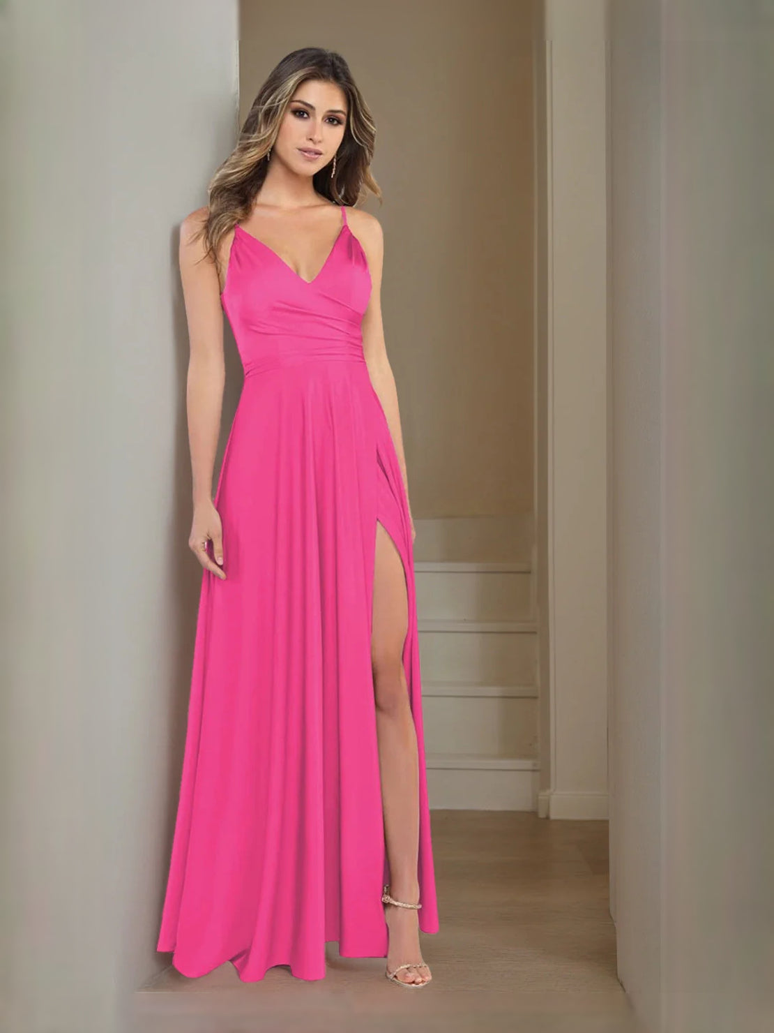 Hot pink satin A-line V-neck bridesmaid dress with side slit, spaghetti straps, floor length