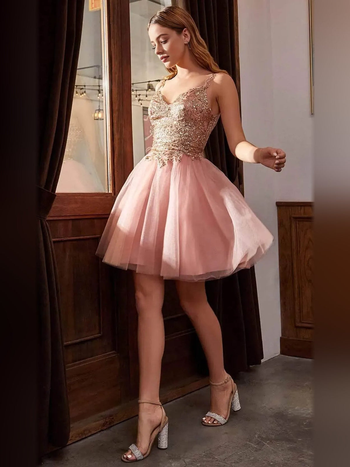Dusty rose mini tulle homecoming dress with sweetheart beaded glitter bodice and full A-line skirt
