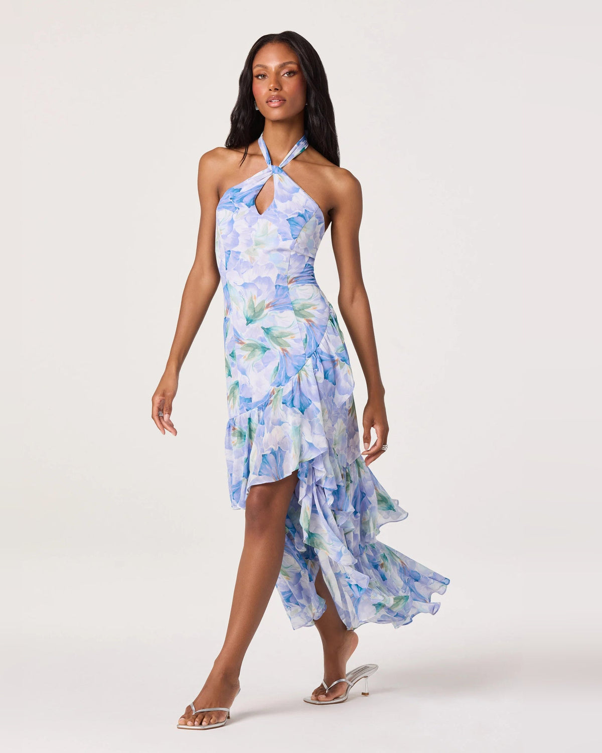 Pastel blue floral halter neck A-line high-low dress with layered ruffle skirt