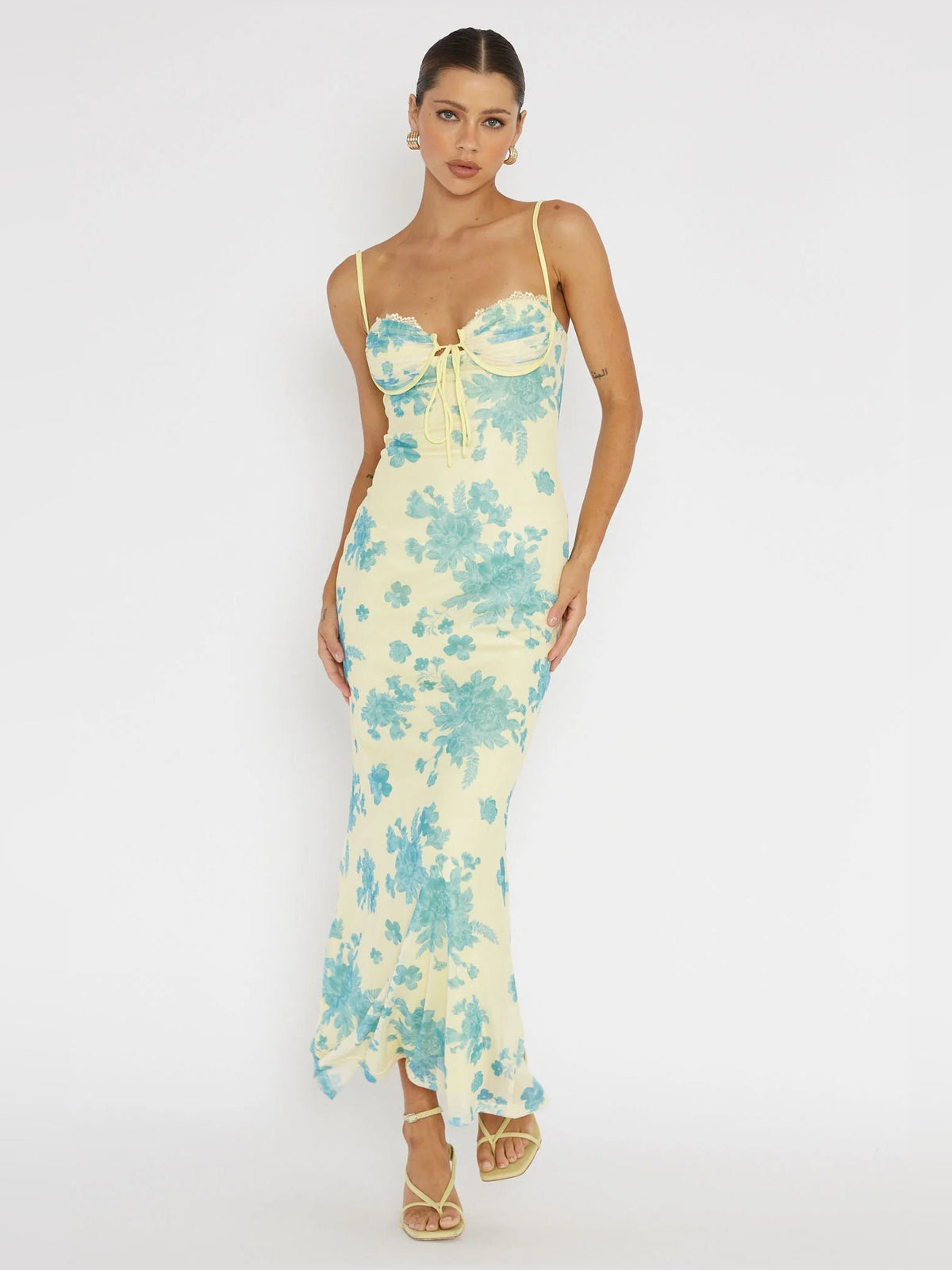 Yellow mesh midi dress with blue floral print, lace-trim bust, slim spaghetti straps