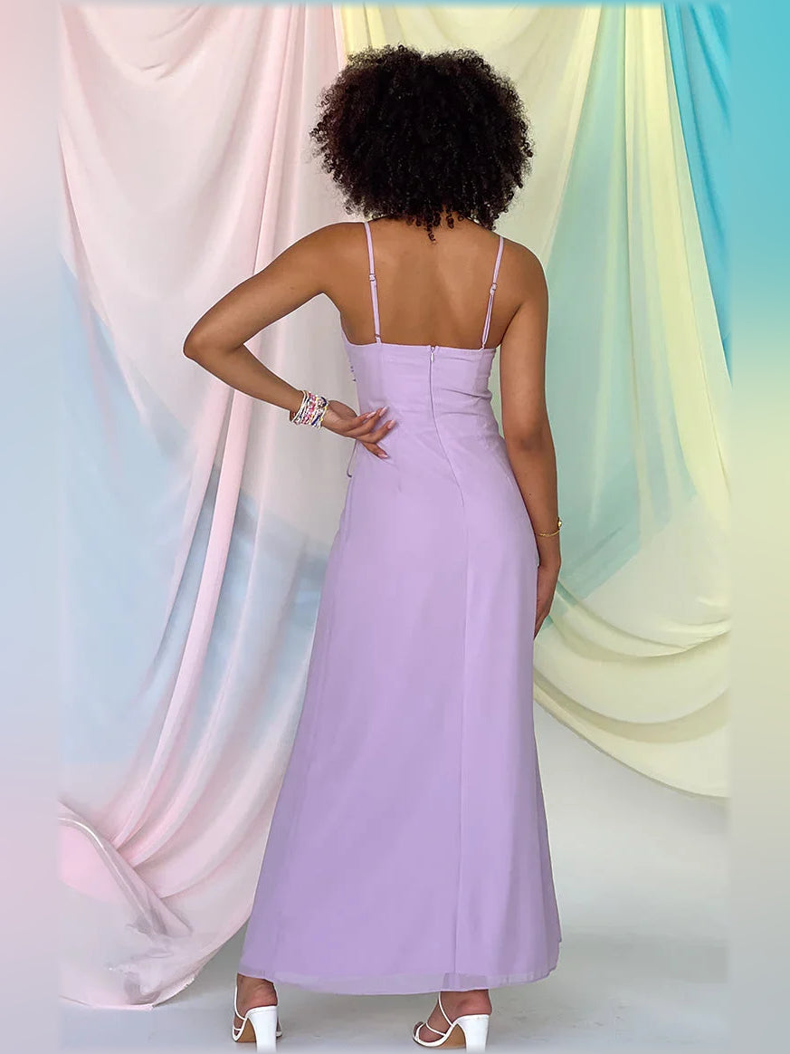 Lilac spaghetti strap A-line formal dress, floor-length, open-back style