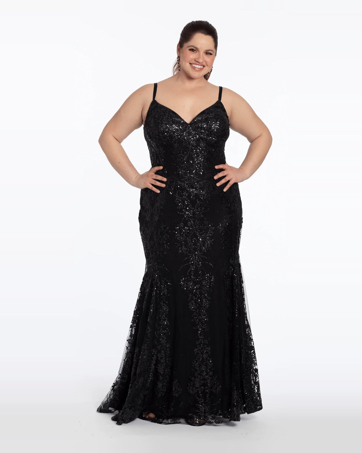 Black glitter mermaid prom dress with sweetheart neckline and corset bodice, full-length